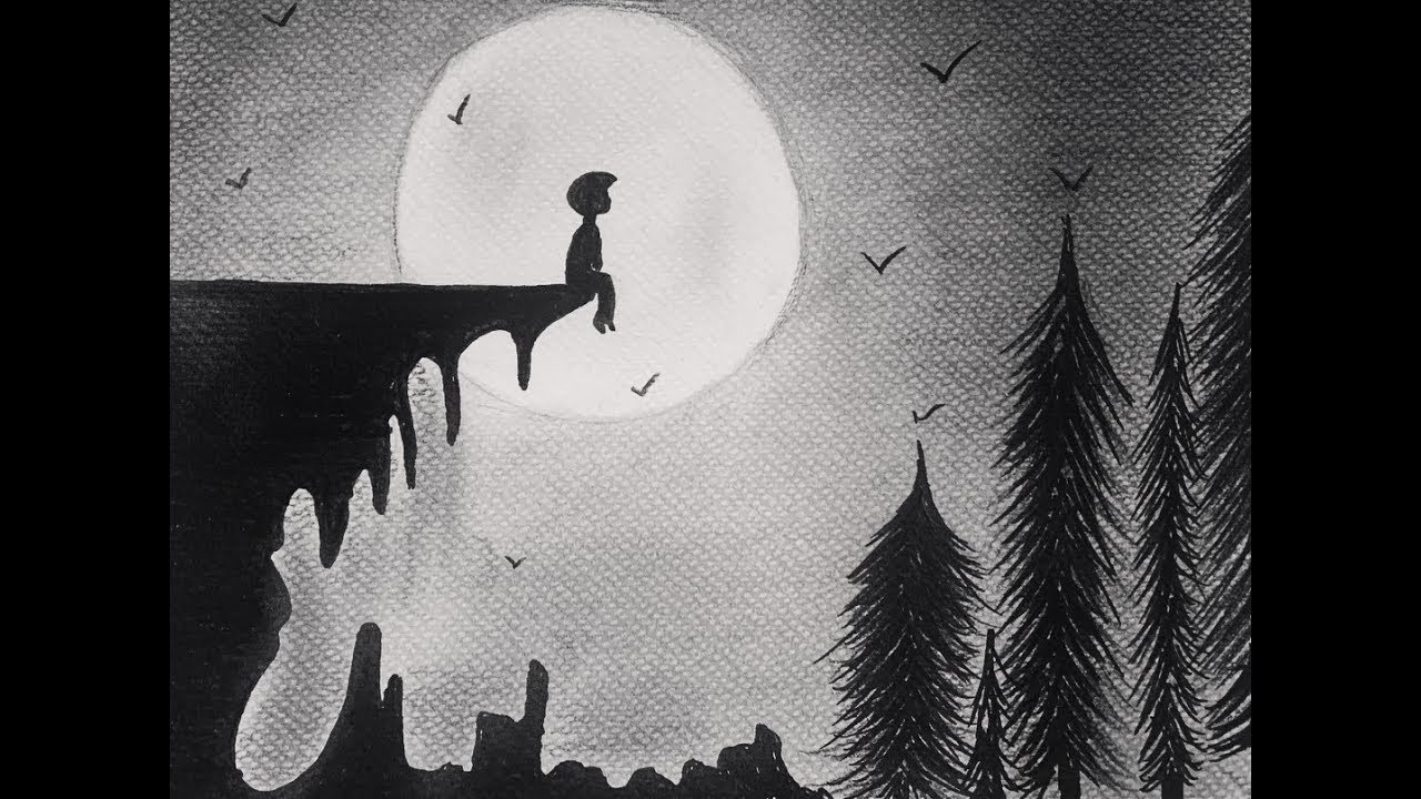 Как нарисовать грустного мальчика на фоне луны. Черно-белый рисунок черным маркером