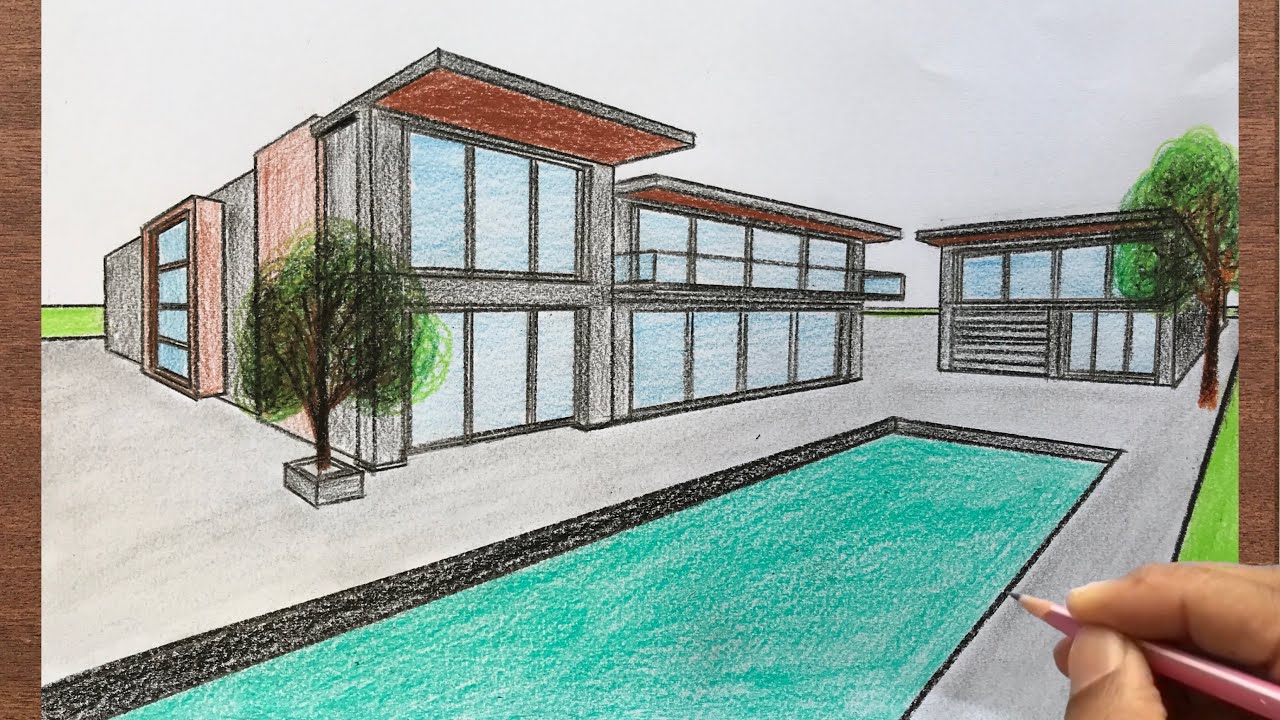 Дом с бассейном рисунок